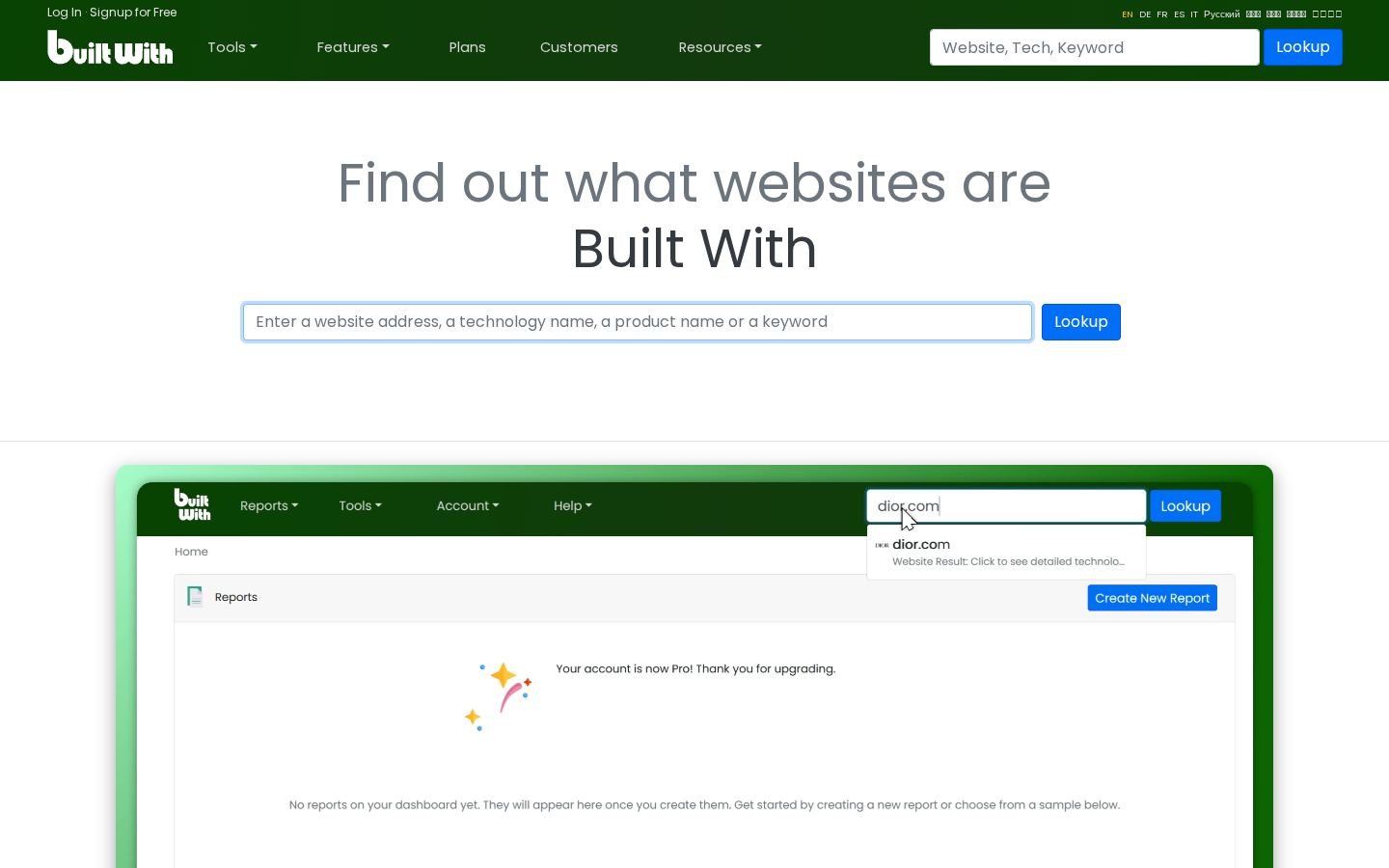 Screenshot of the builtwith.com homepage taken on 2026-07-29
