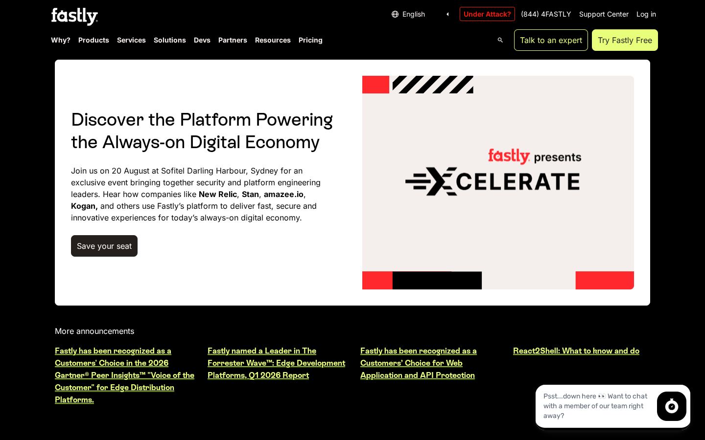 Homepage of fastly.com captured by url2image