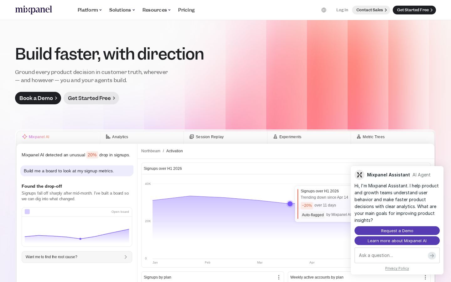 Homepage of mixpanel.com