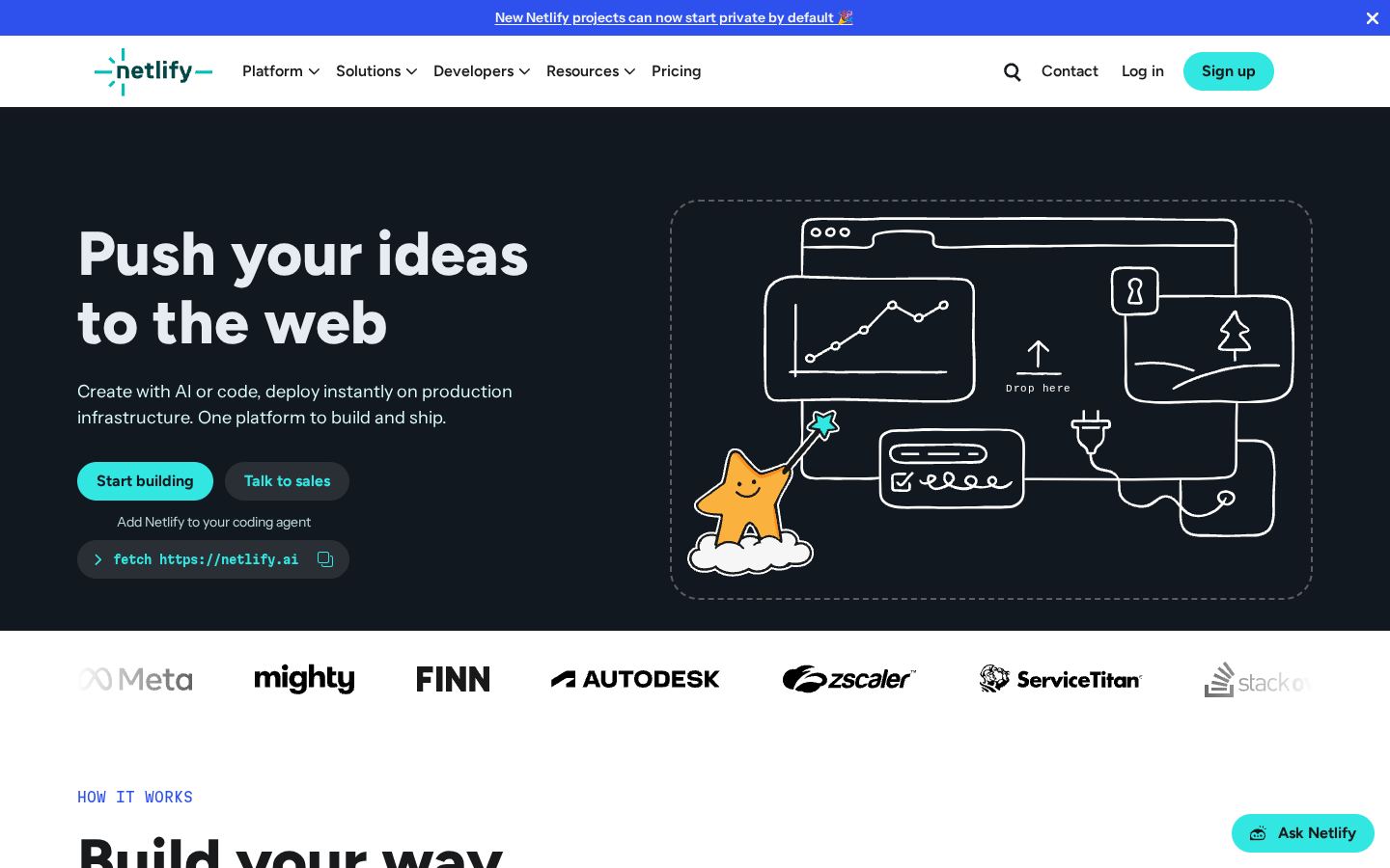 Homepage of netlify.com captured by url2image