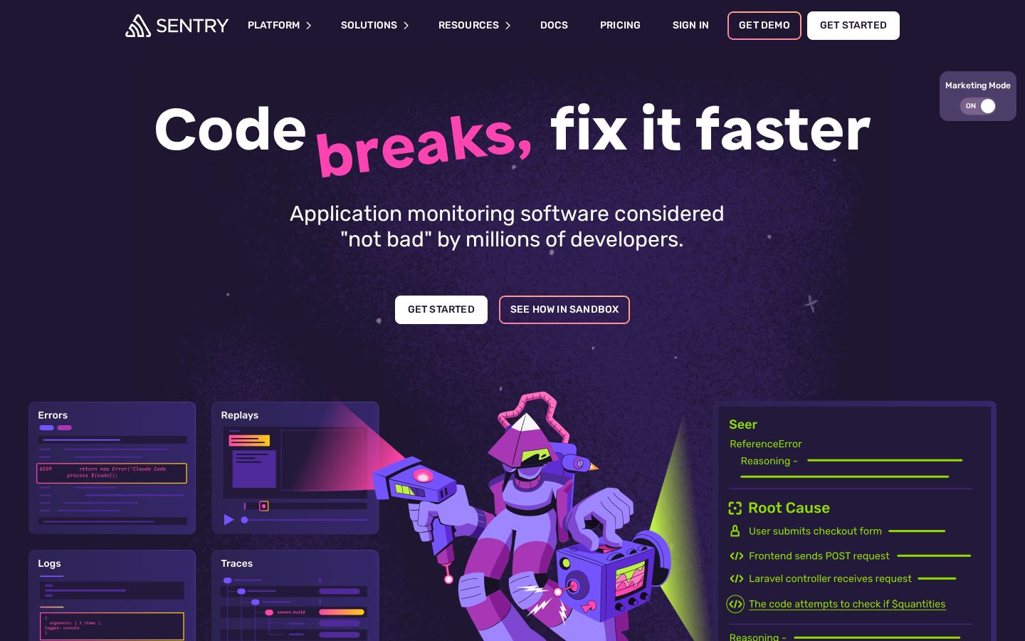 Homepage of sentry.io captured by url2image