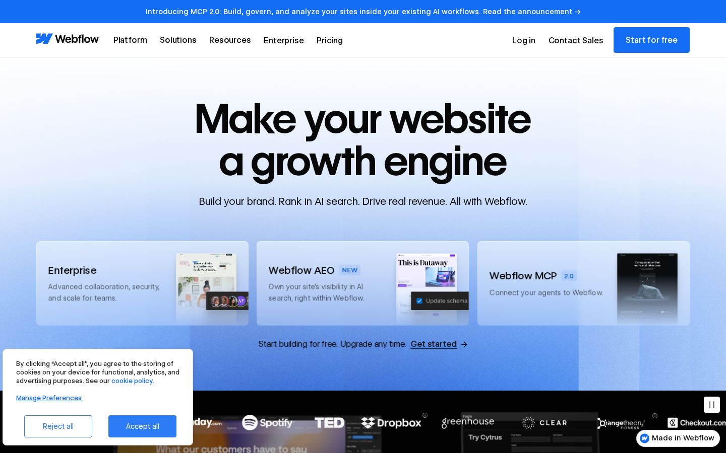 Homepage of webflow.com captured by url2image